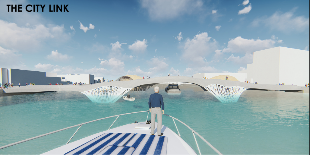 Pedestrian bridge with latticework catenary structure spanning turquoise water under scattered daytime clouds