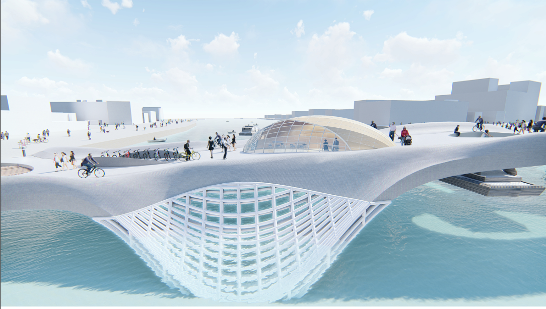 White curved pedestrian deck with open lattice underbelly crossing water as cyclists and people gather