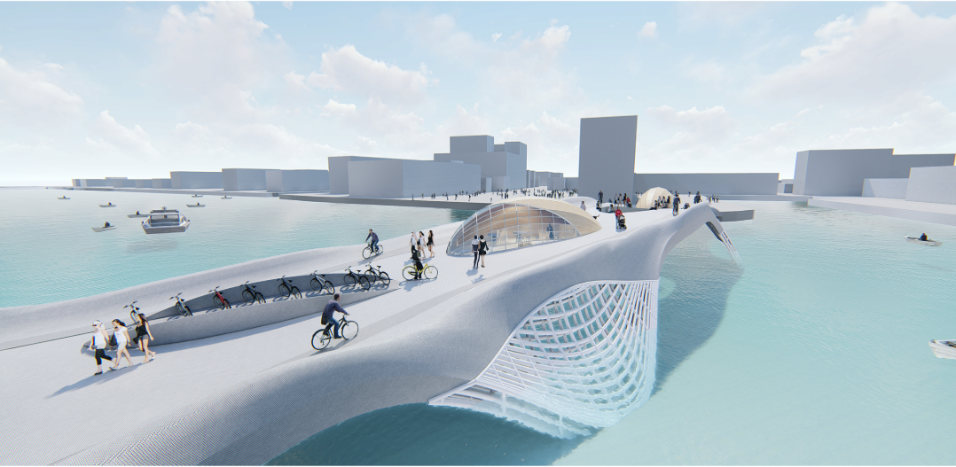 Arched footbridge with dipping lattice support crossing harbor as cyclists traverse the white deck
