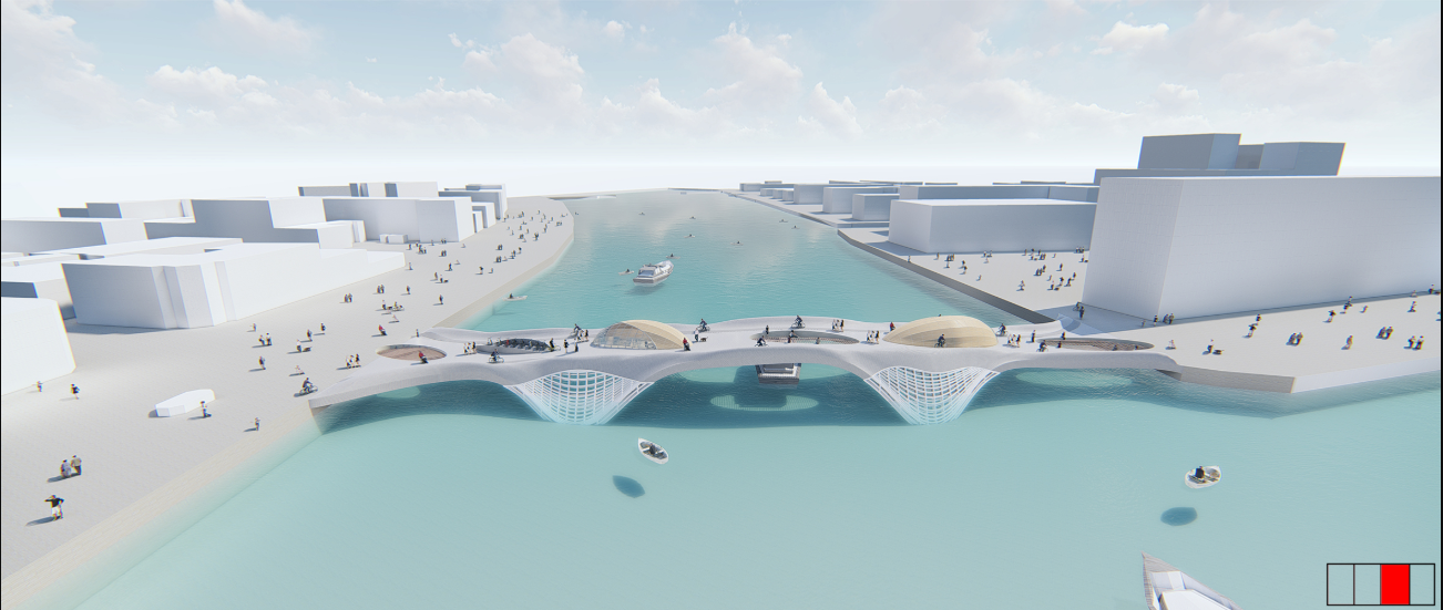 Aerial view of three arched pedestrian bridges spanning turquoise water with boats below