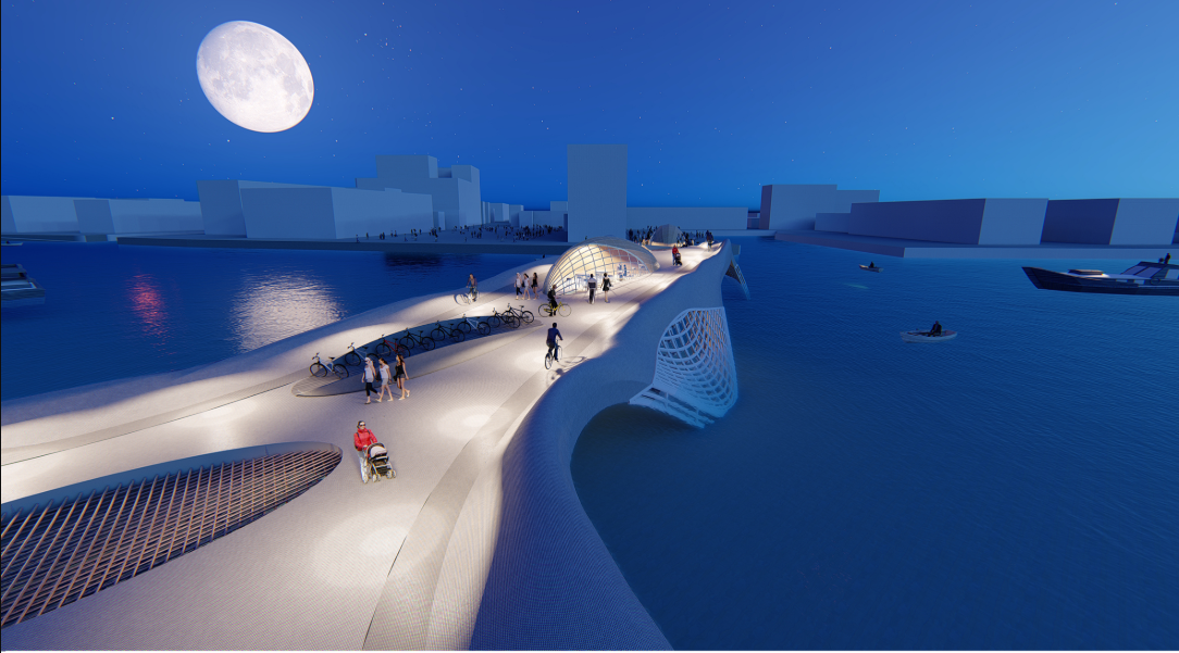 Night view of illuminated curved pedestrian bridge over water with full moon overhead