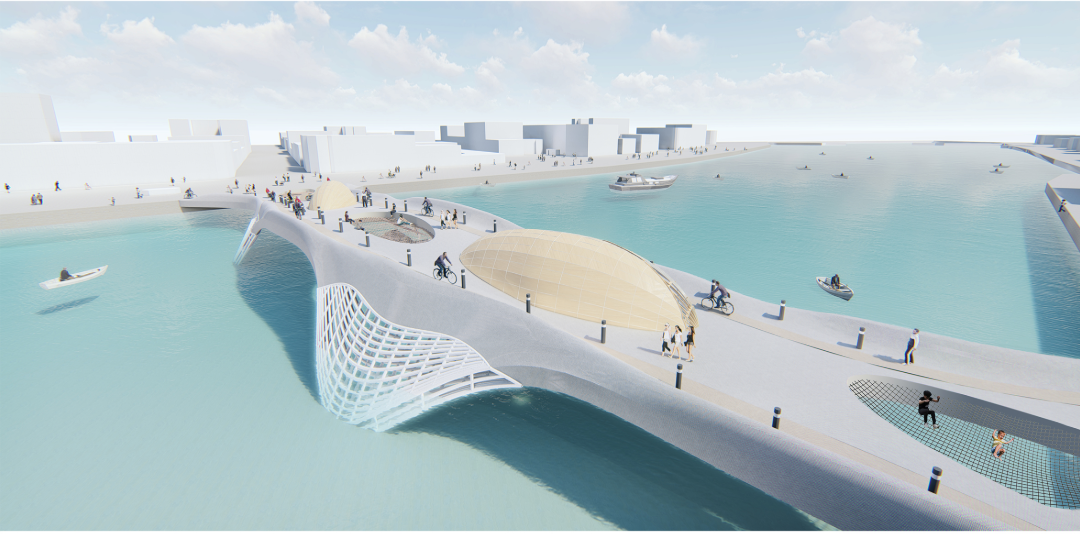 Long pedestrian bridge deck with catenary lattice structure and glazed lower level over calm water