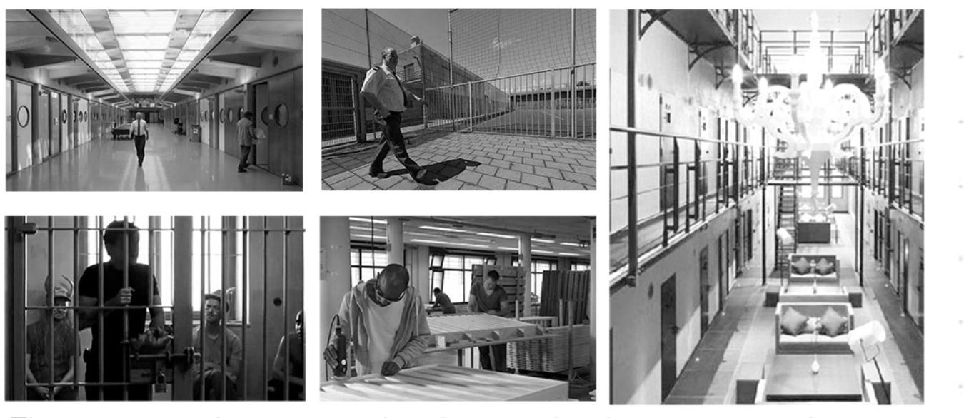 Conventional prison typologies with confined movement, surveillance, and industrial labor define the current correctional model.