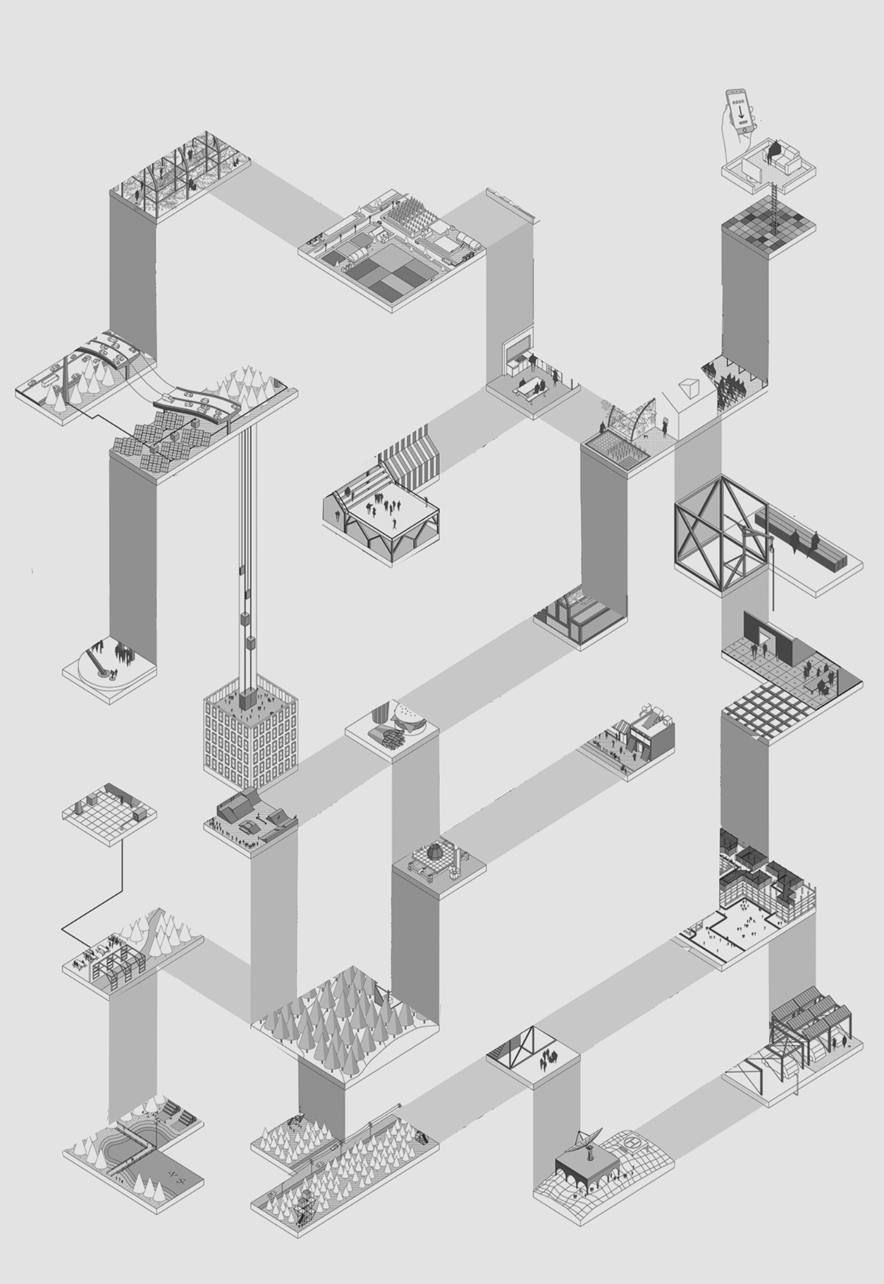 A modular, multi-level strategy organizes spatial functions through vertical transitions and programmatic zoning.