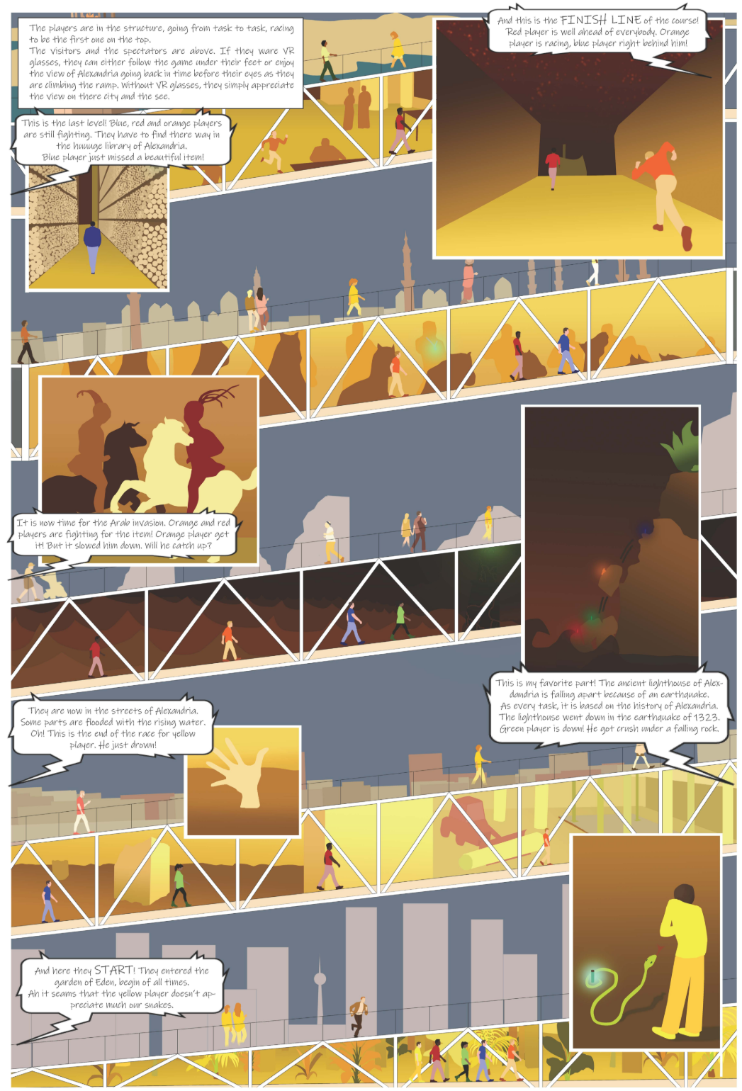 Players race through Alexandria's mythic past, from Eden to ancient ruins, in a vertical arena of interactive memory.