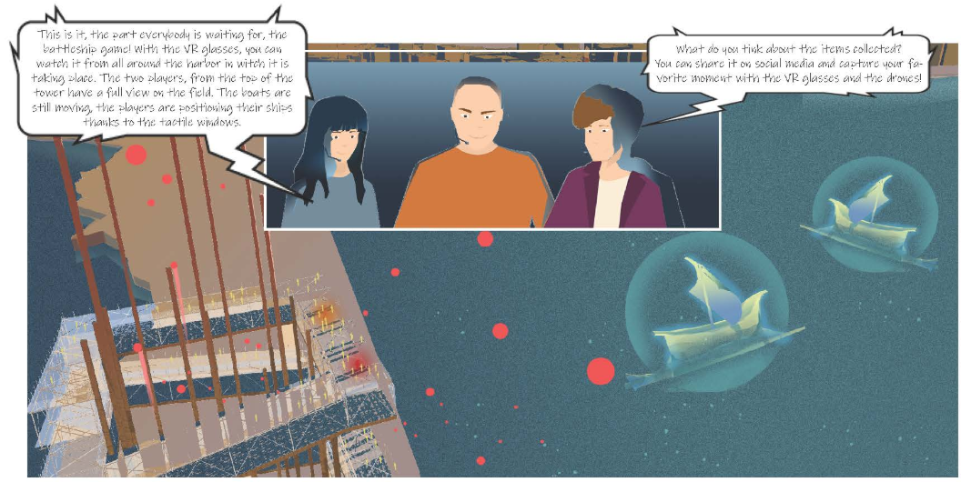 Spectators engage with the battle via VR and tactile windows, watching the arena unfold across Alexandria’s harbor.