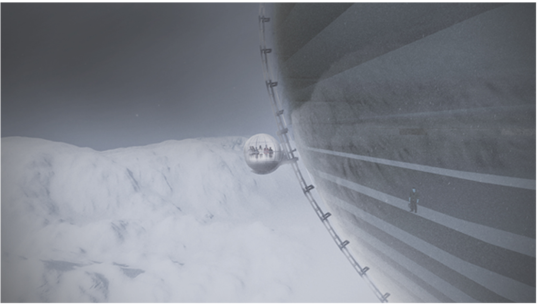 Aerial view of a reflective dome structure on a snow-covered roof with linear vents