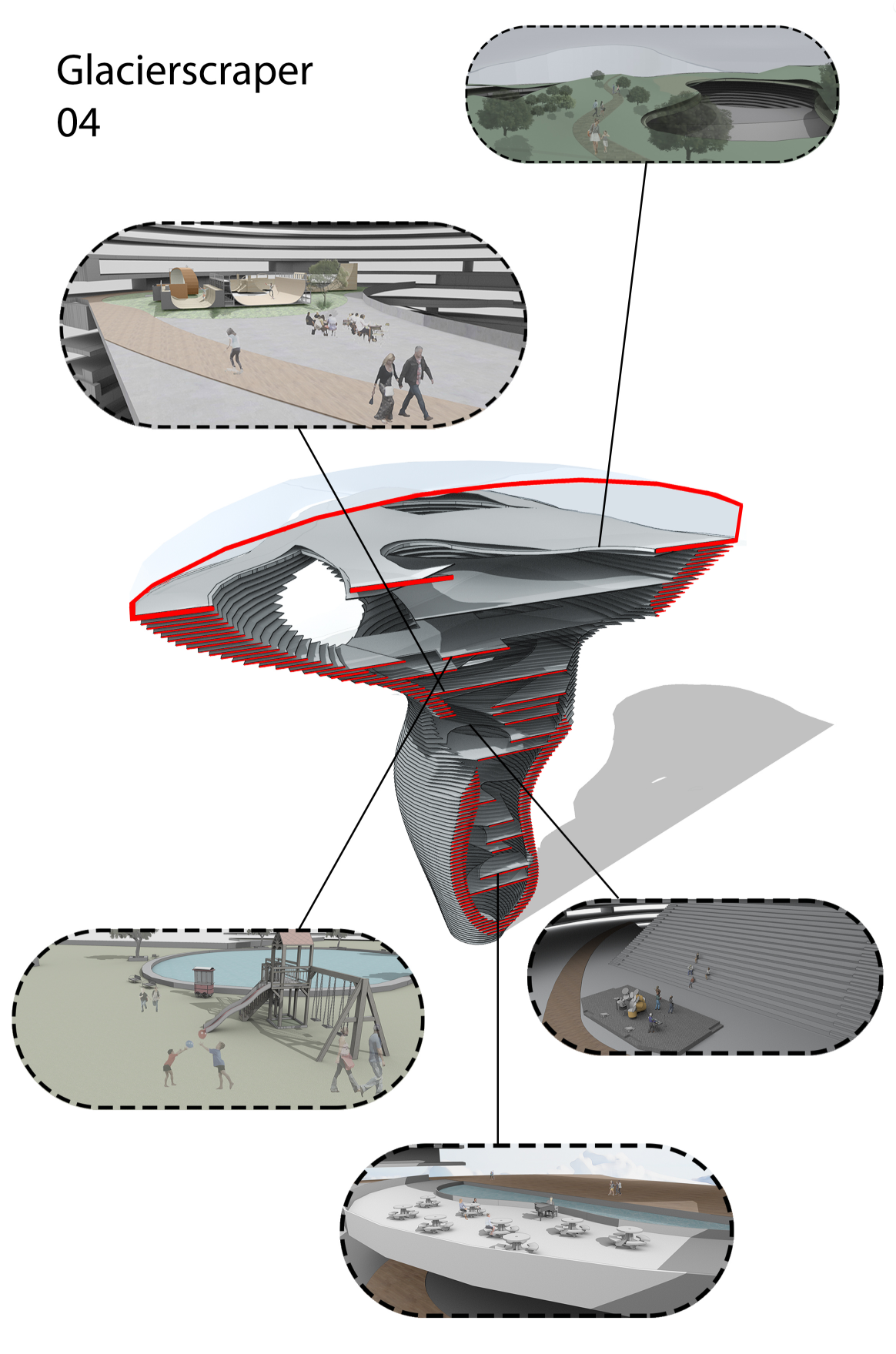 Exploded axonometric drawing showing stacked floor plates spiraling around a central vertical core