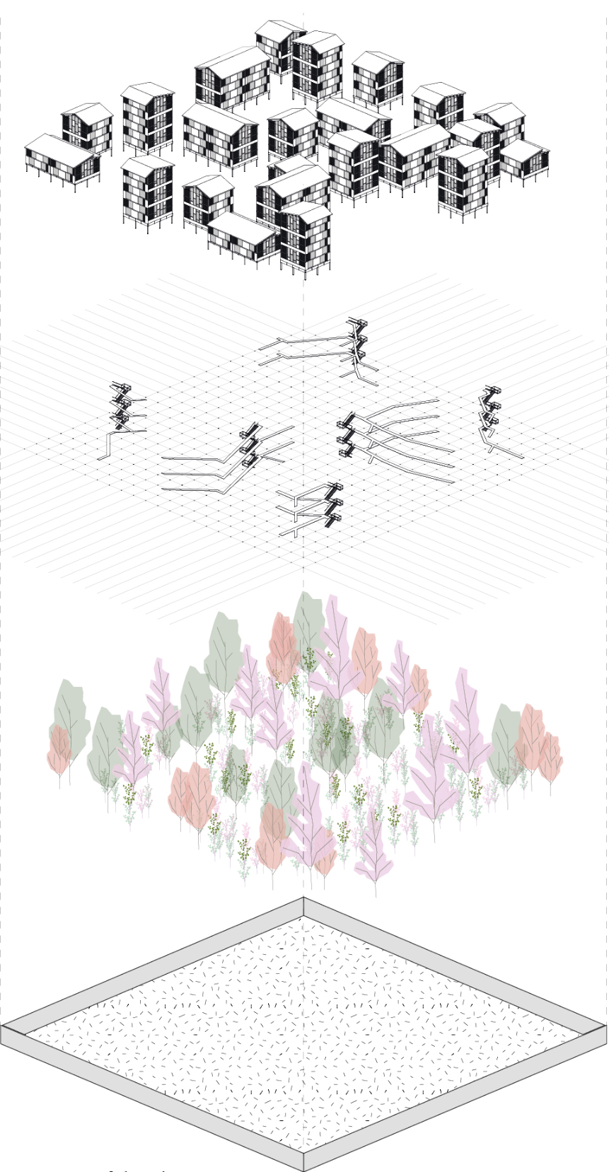 Exploded axonometric showing layers of housing, circulation, and integrated green space.