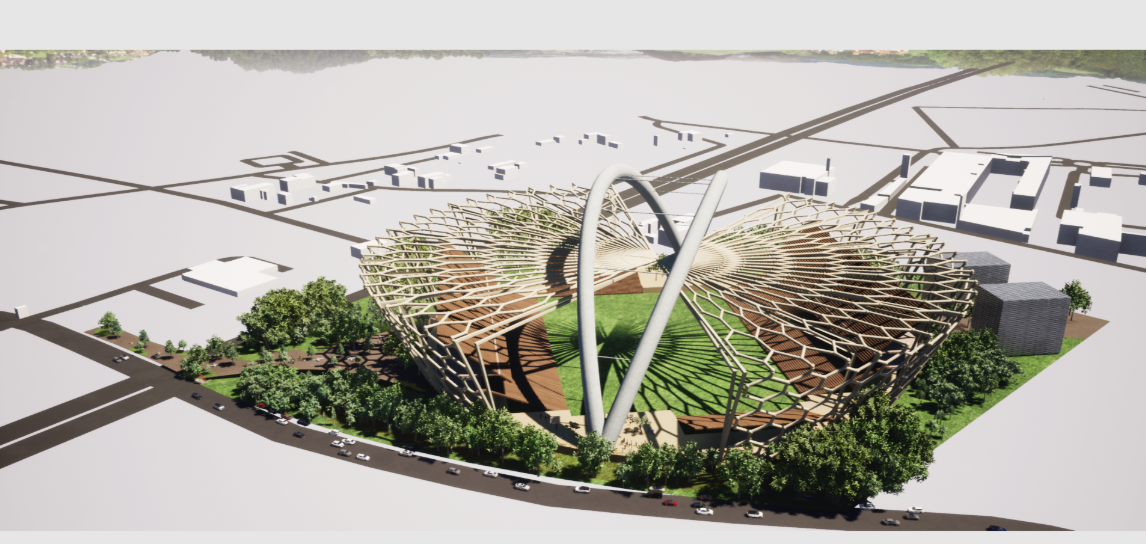 Top-down view showcasing the stadium’s organic form and integration with road networks and green buffers.