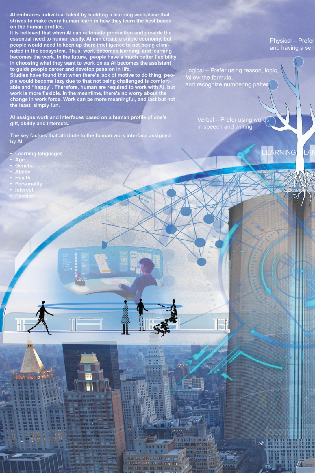 Collage rendering of a curved translucent shell structure with silhouetted figures over a city skyline
