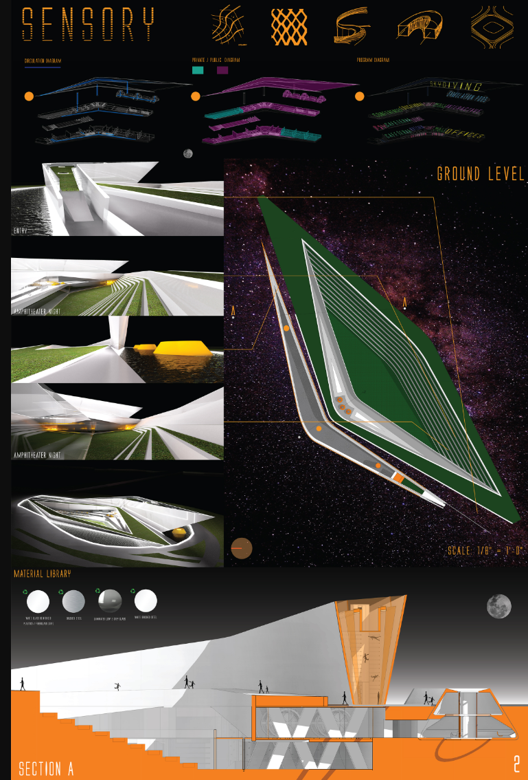 A zero-gravity amphitheater and immersive green roof introduce visitors to a skydiving-inspired architectural experience.