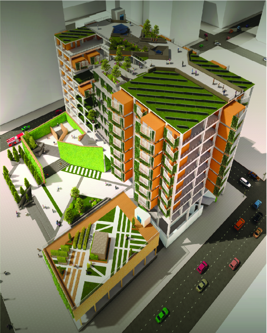 A vibrant green-topped modular housing complex reimagines the urban skyline with lush terraces and rooftop spaces.