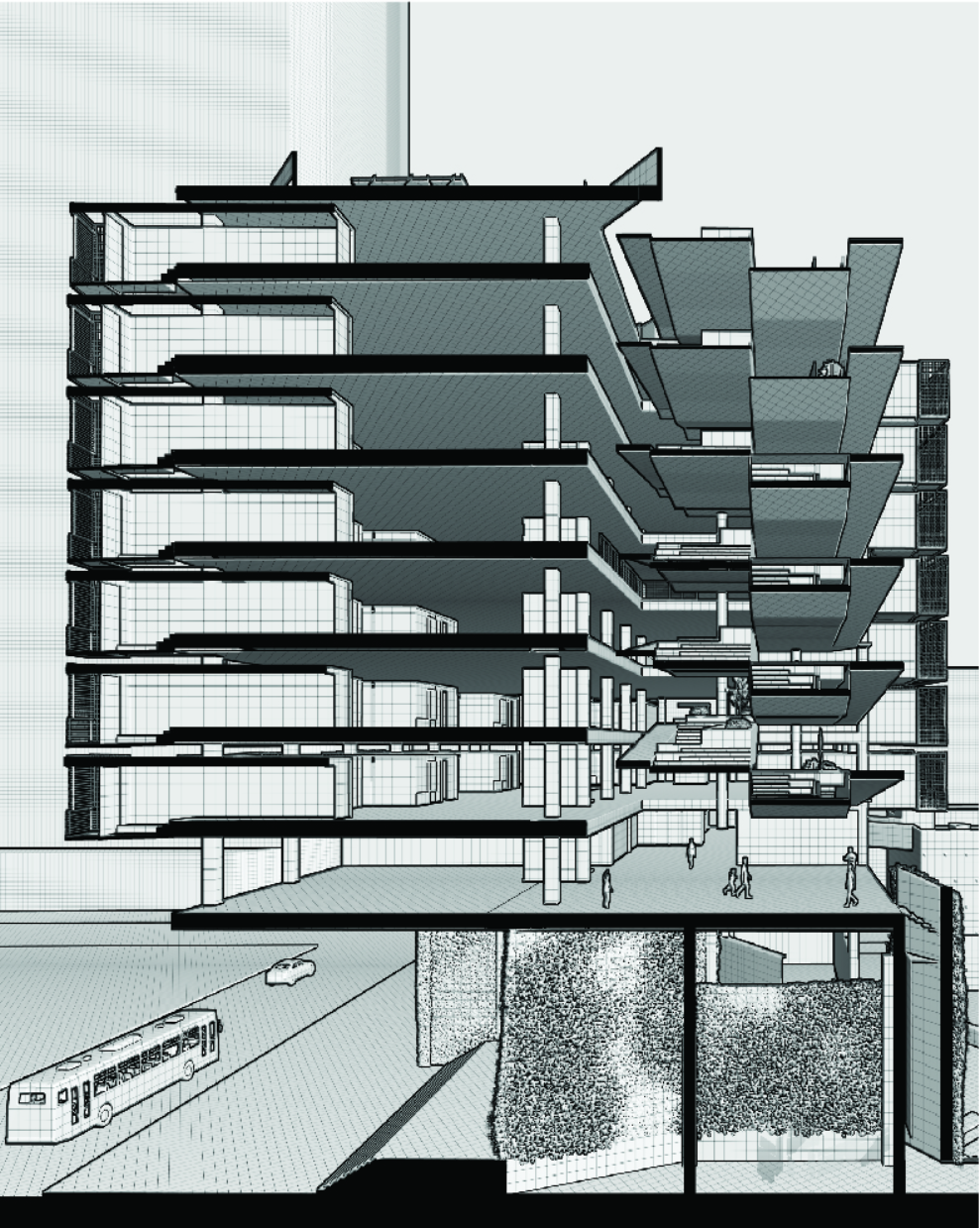 Structural reconfiguration of the parking garage reveals layered living spaces integrated with open community zones.