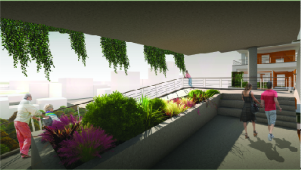 Planters and cascading greenery enhance the experience of movement through upper floors and circulation zones.