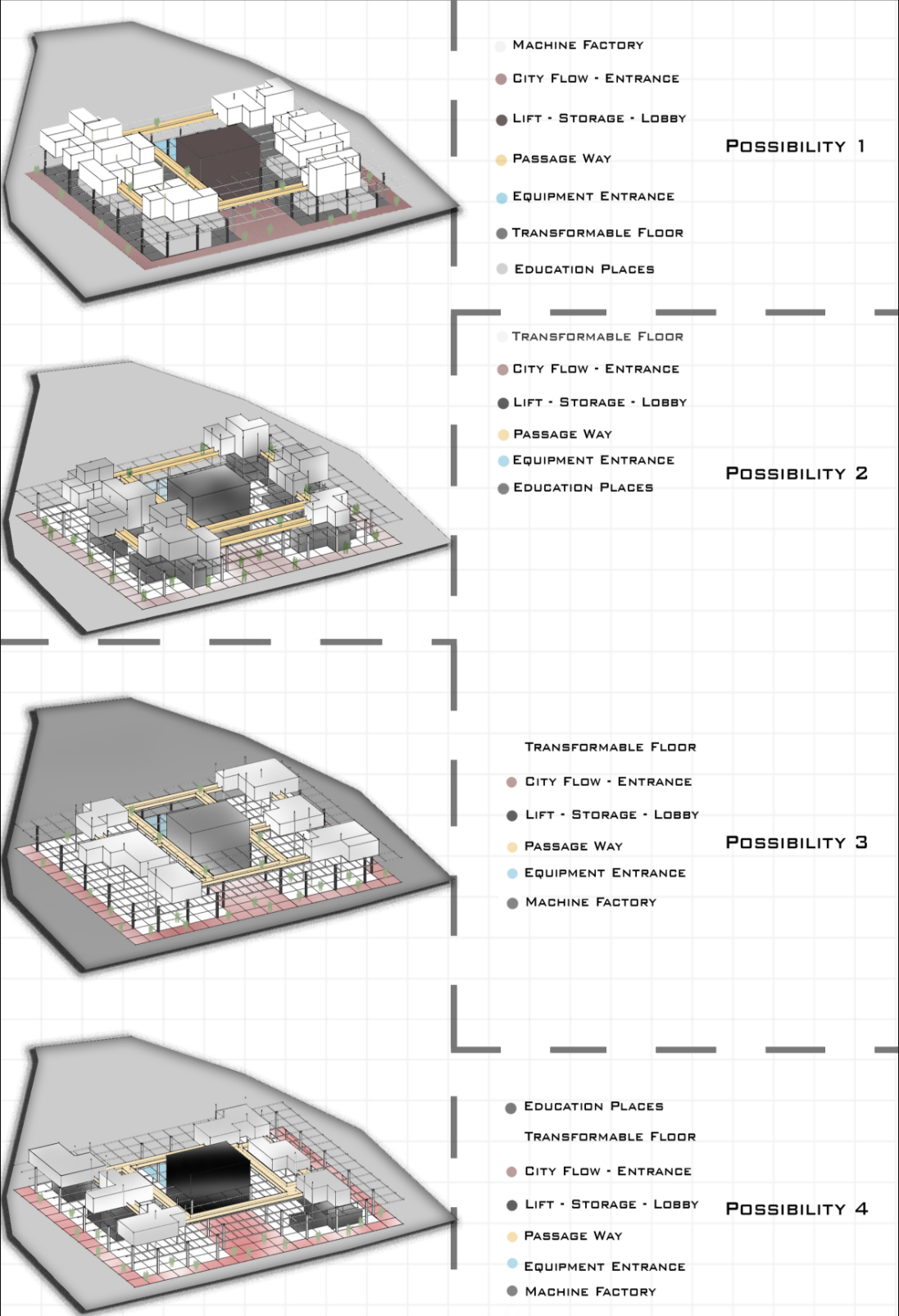 Four flexible spatial configurations integrating machine zones, classrooms, and city flow.