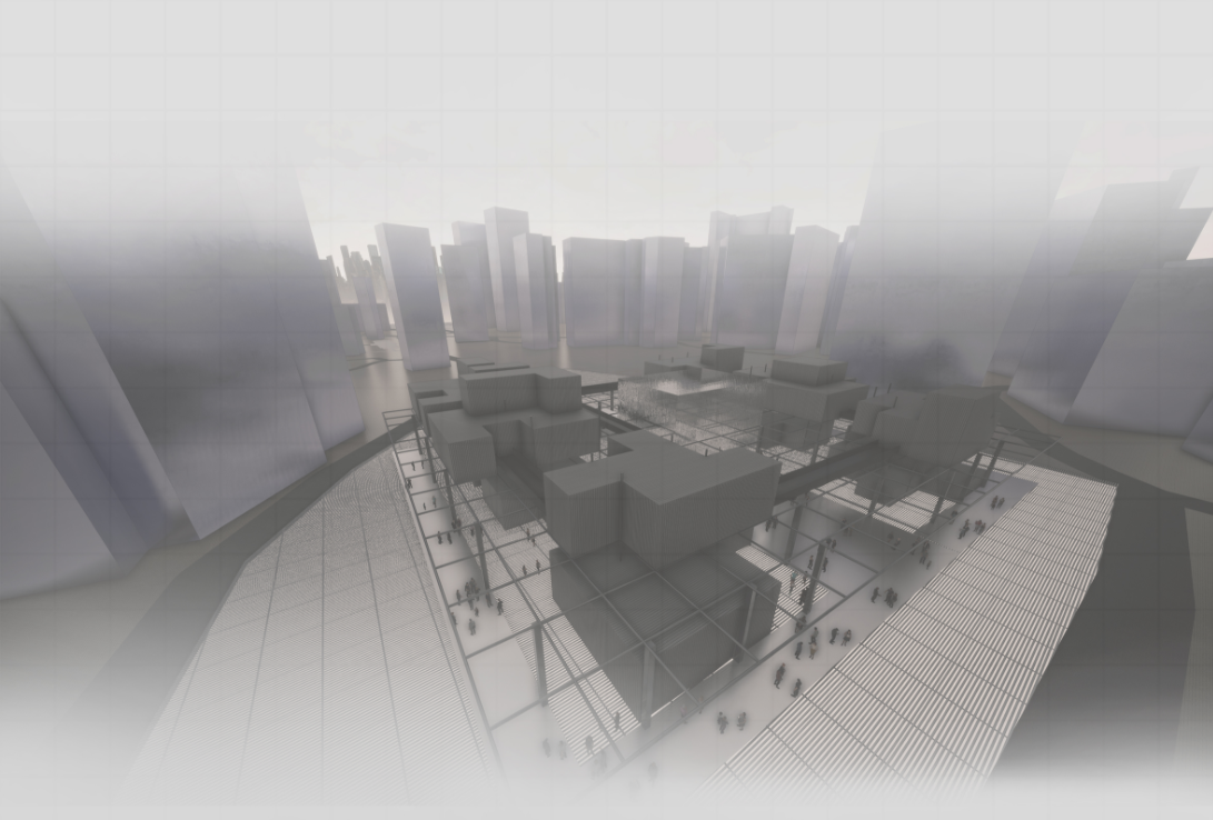 Bird’s-eye view showing modular components merging with dense urban surroundings.