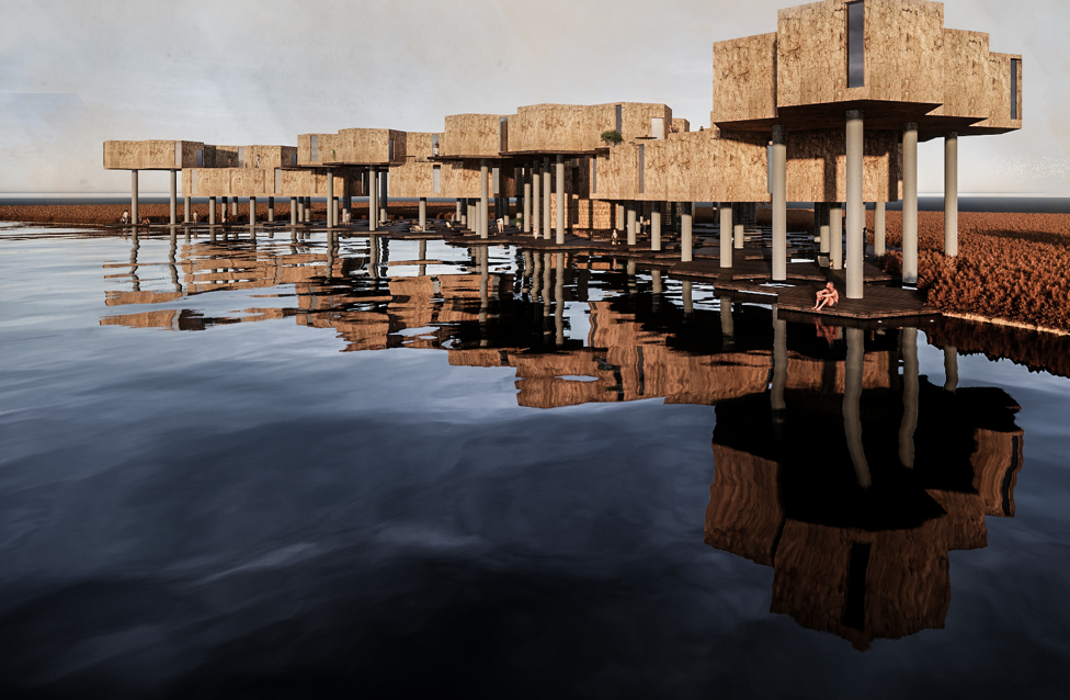 Floating modular homes rise above reflective waters to enhance thermal comfort and adaptability.