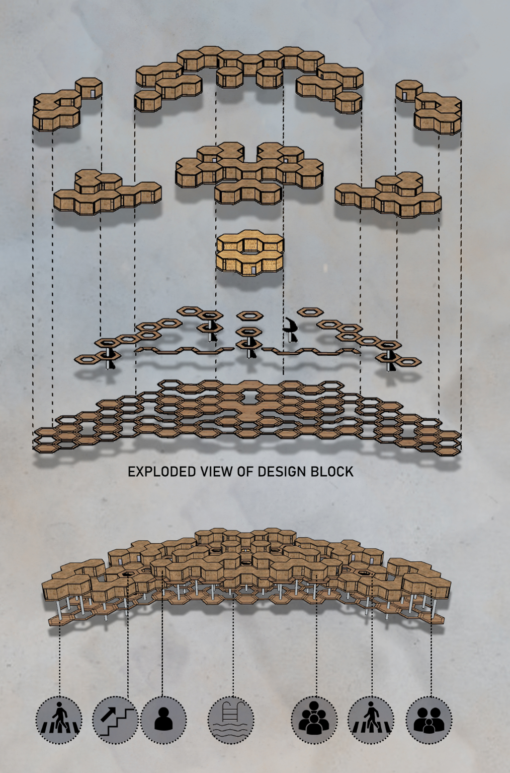 Exploded diagram showcasing modular hexagonal units and their functional zoning across the design block.