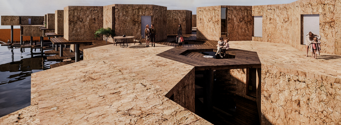 Community spaces nestled within textured hexagonal shells offer a sense of home and social connection.