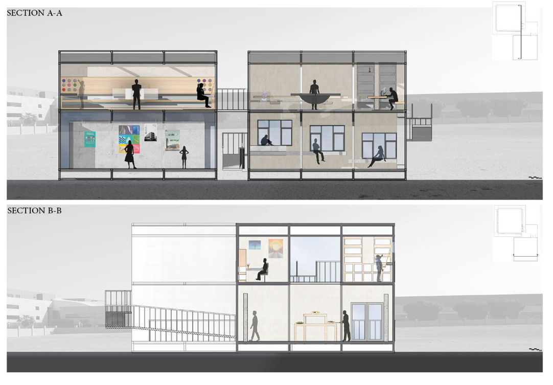 Spatial sections showing vertical distribution of classrooms, galleries, and circulation in modular units.