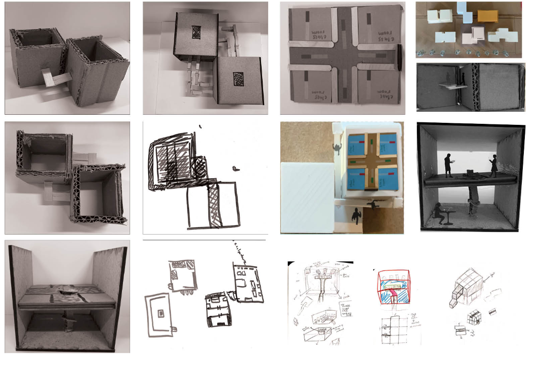 Concept development through hand sketches, cardboard models, and spatial form studies using a square module.