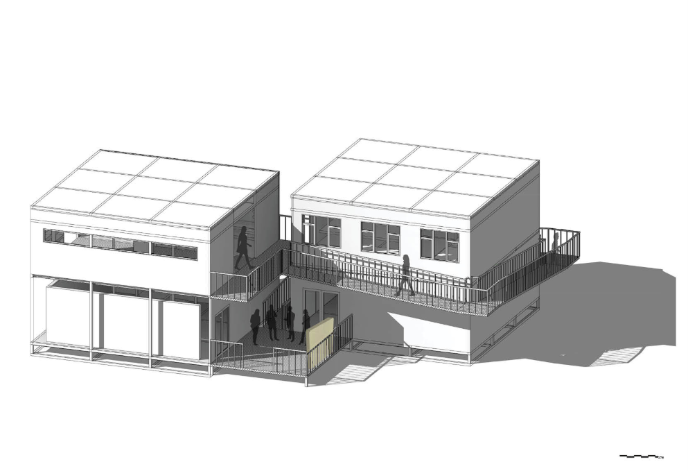 Isometric rendering of the twin-building configuration connected by exterior walkways.