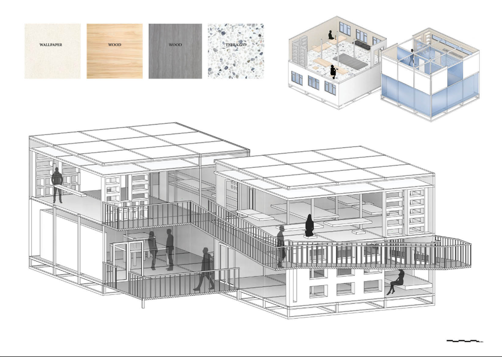 Axonometric views and material palette reveal internal atmosphere, finishes, and furnishing strategy.