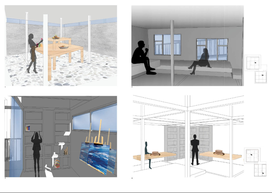 Rendered perspectives showcasing art activities, seating, and flexible studio environments.