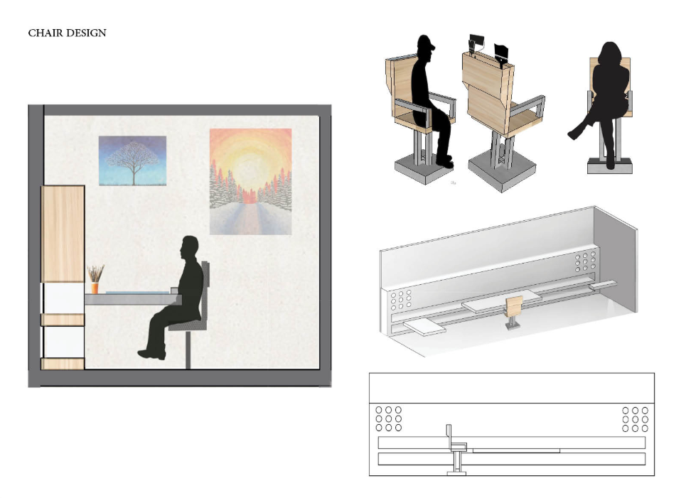 Custom chair prototype designed for modular classrooms with ergonomic and storage-integrated features.