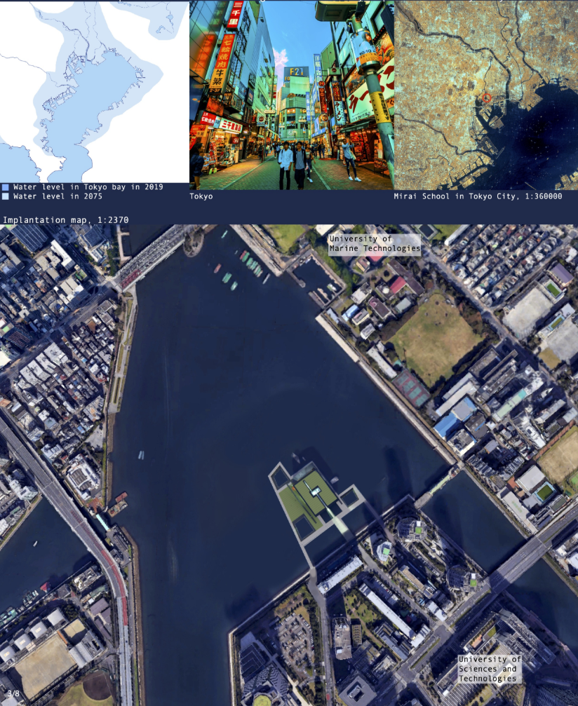 Strategically located in Tokyo Bay, the site integrates with the urban fabric and anticipates future water level rise.