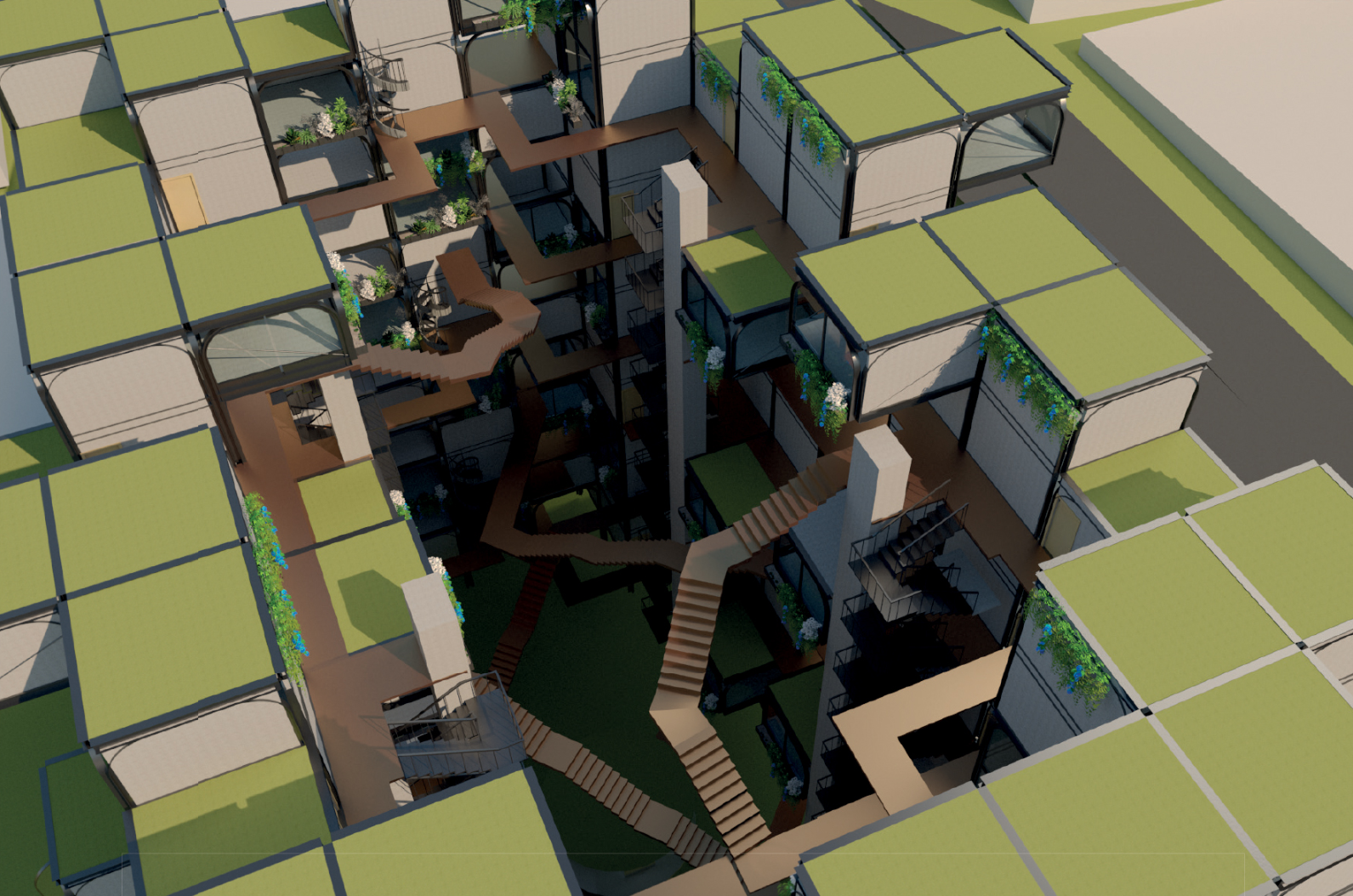 Bird’s-eye view of the central green courtyard, surrounded by interlinked modular pathways and terraces.