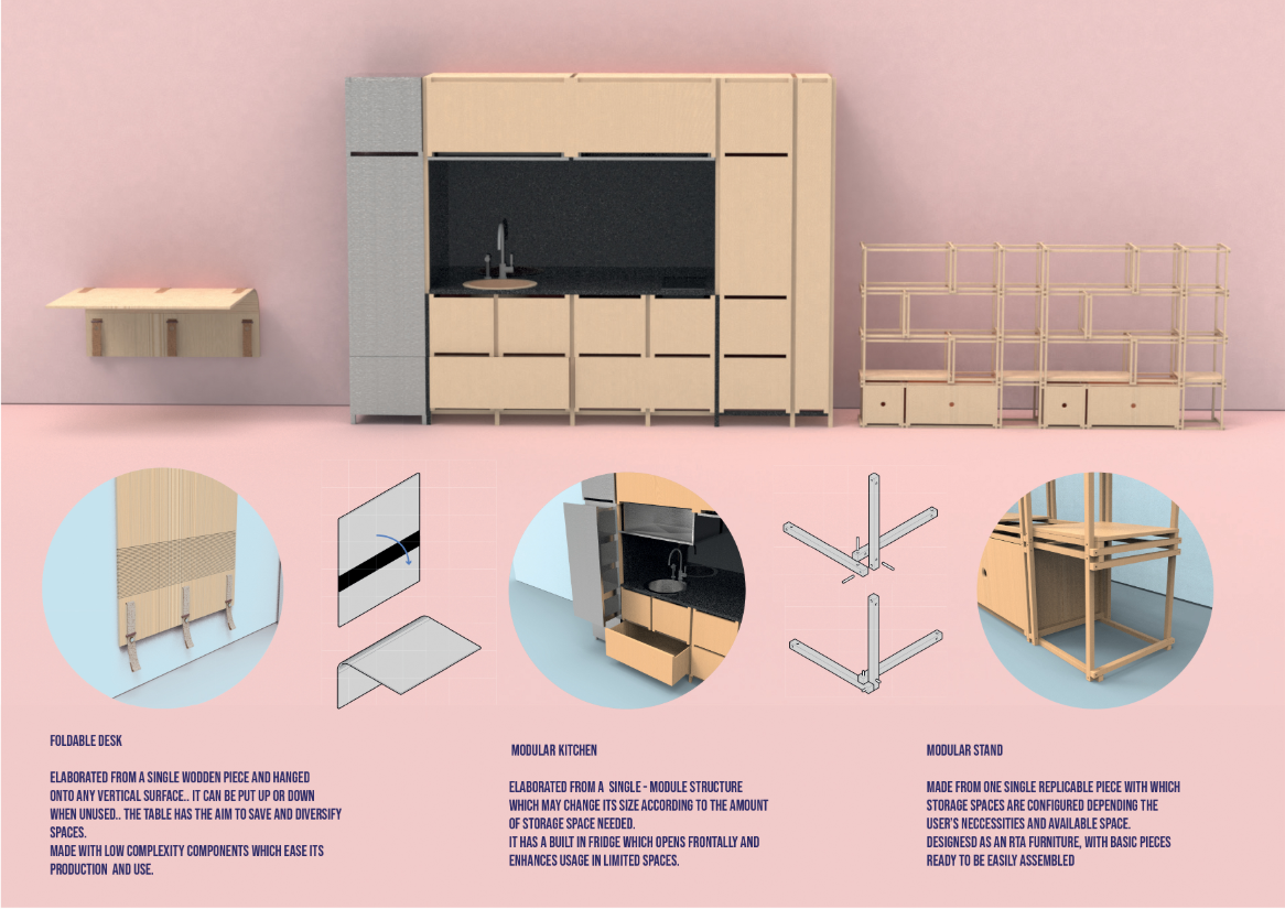 Custom-designed modular furniture including foldable desks, scalable kitchens, and storage units.