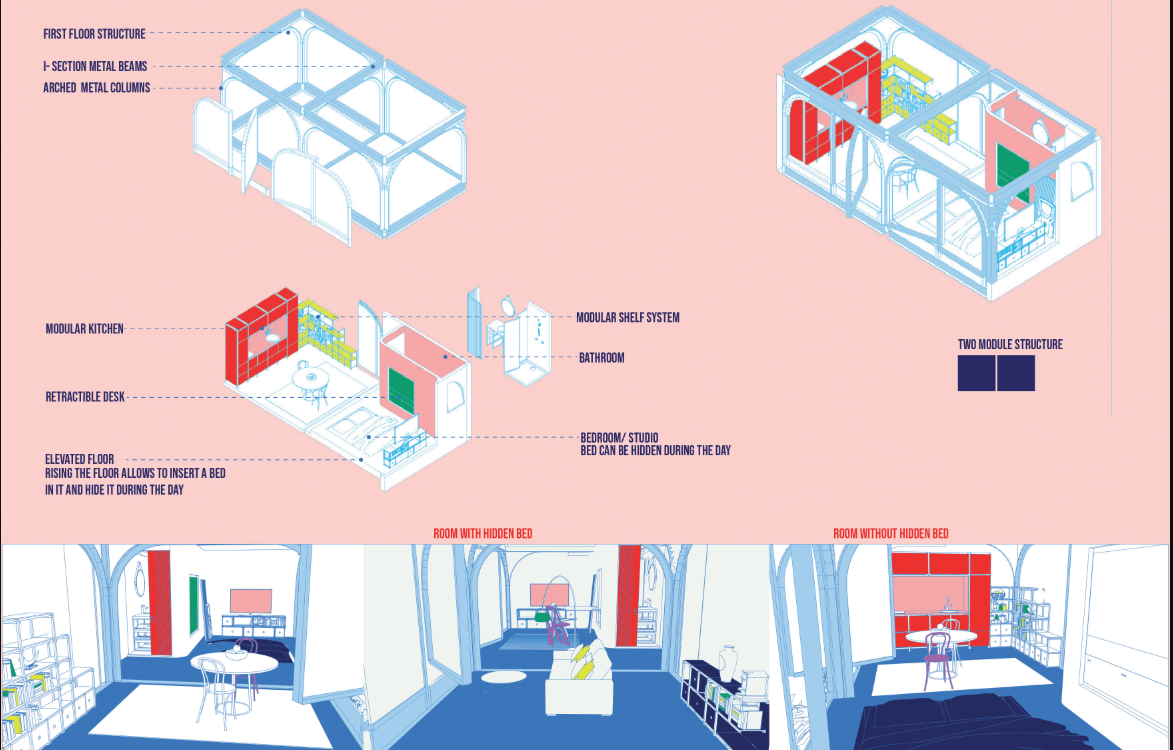 Two-module living unit layout with retractable furniture systems and hidden bed maximizing space efficiency.