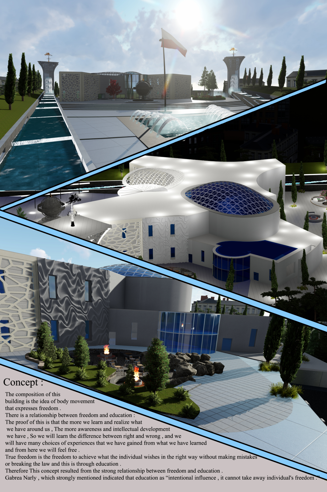  Concept collage and philosophy: “Dom Życia’s design celebrates freedom and intellectual movement through dynamic, flowing architectural language.”
