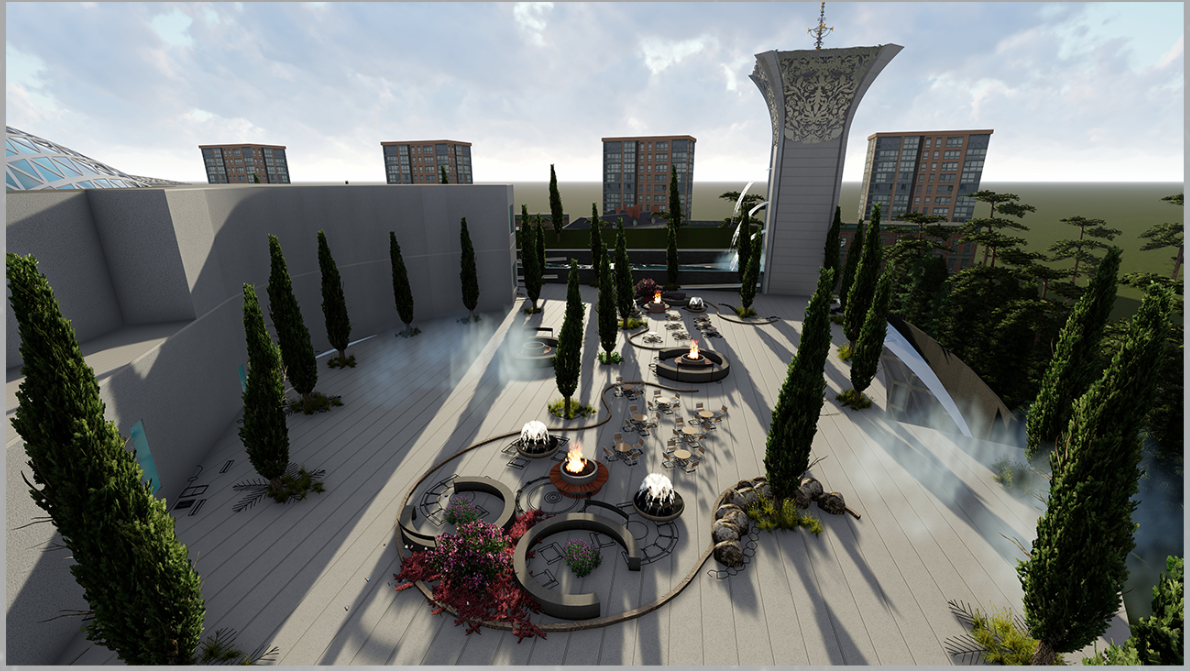  Garden and fire pit zone: “An open courtyard with sculptural fire pits creates a contemplative space for learning, dialogue, and reflection.”