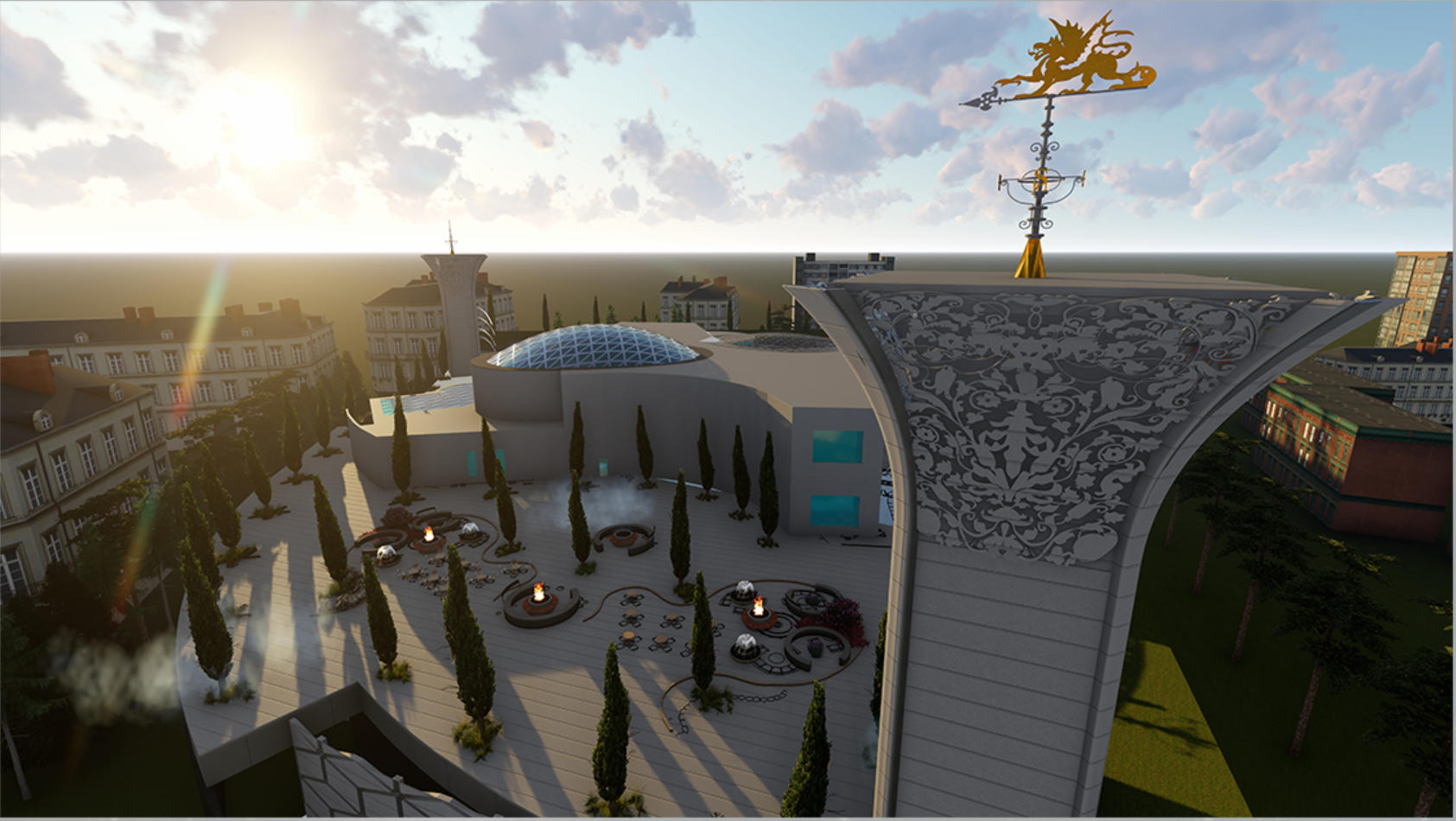  Sunset aerial view: “Curved architecture and symbolic towers frame a serene educational plaza at golden hour.”