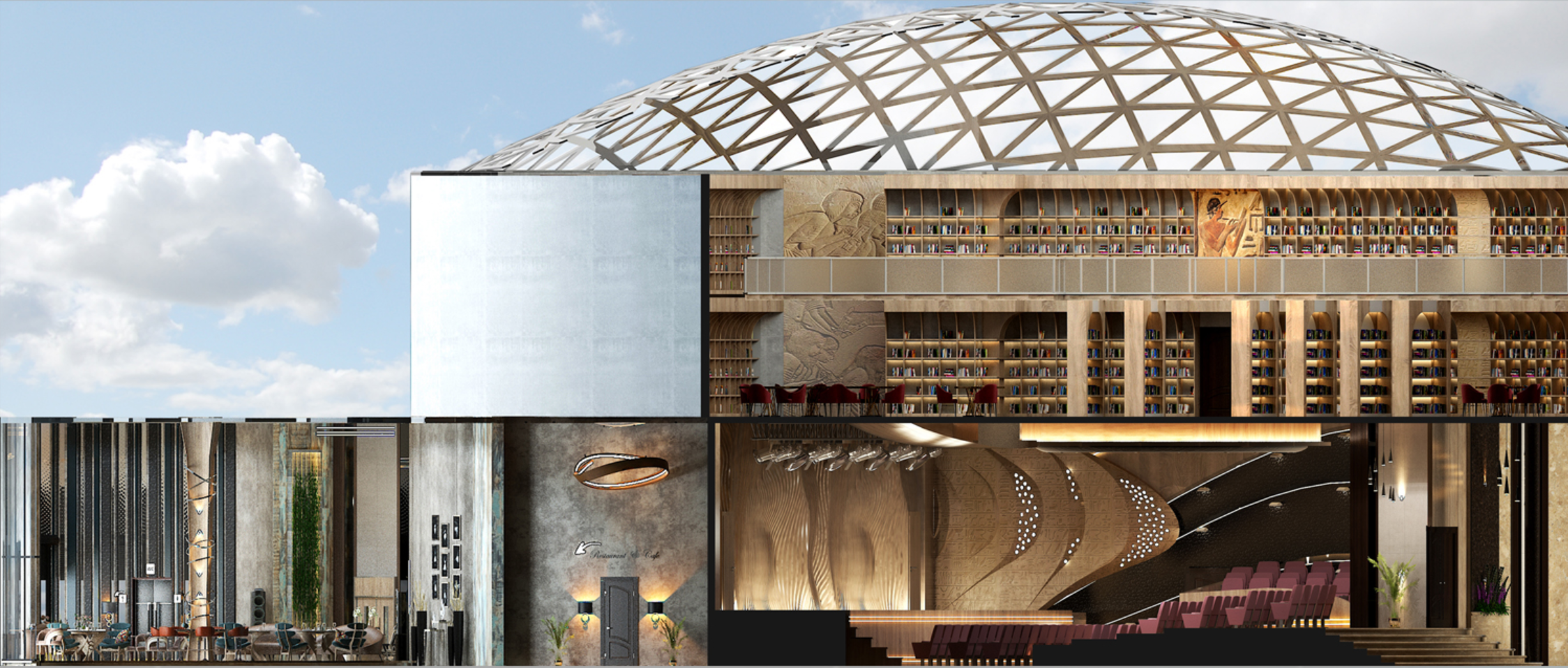  Library and sectional cut: “A dome of knowledge: the central library anchors Dom Życia as a sanctuary for thought and cultural continuity.”