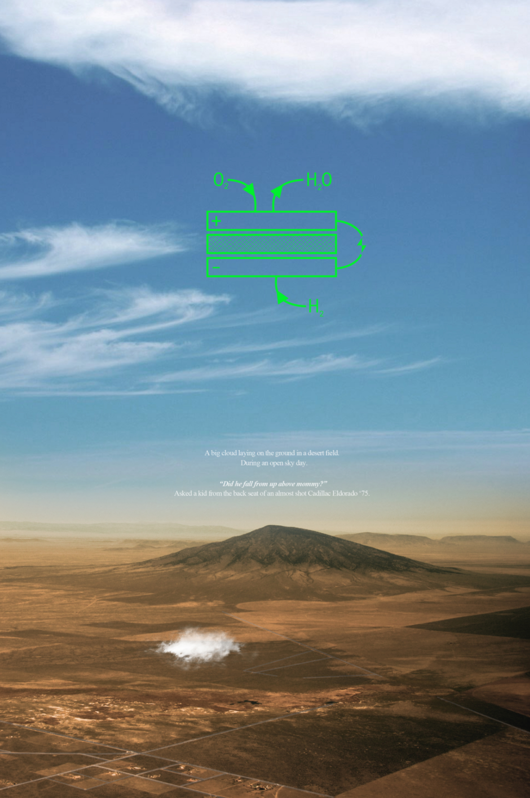 A lone cloud hovers in the desert—a visual metaphor for ephemeral architecture powered by clean hydrogen.