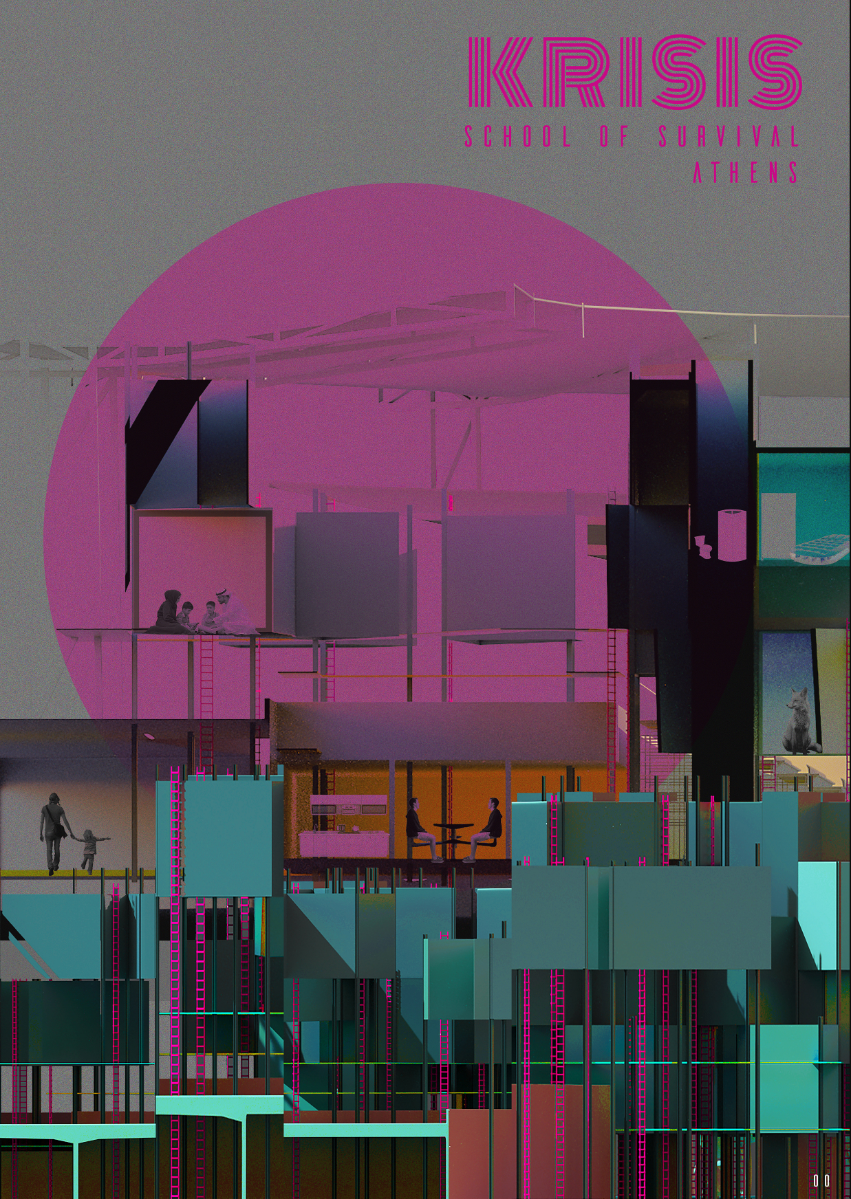 Section drawing showing stacked platforms with figures and stairs behind a large magenta circle