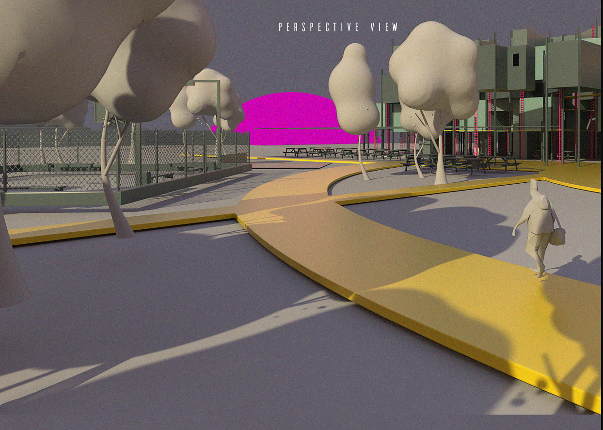 Perspective rendering of yellow-edged pathways with sculptural trees and a figure walking in afternoon light
