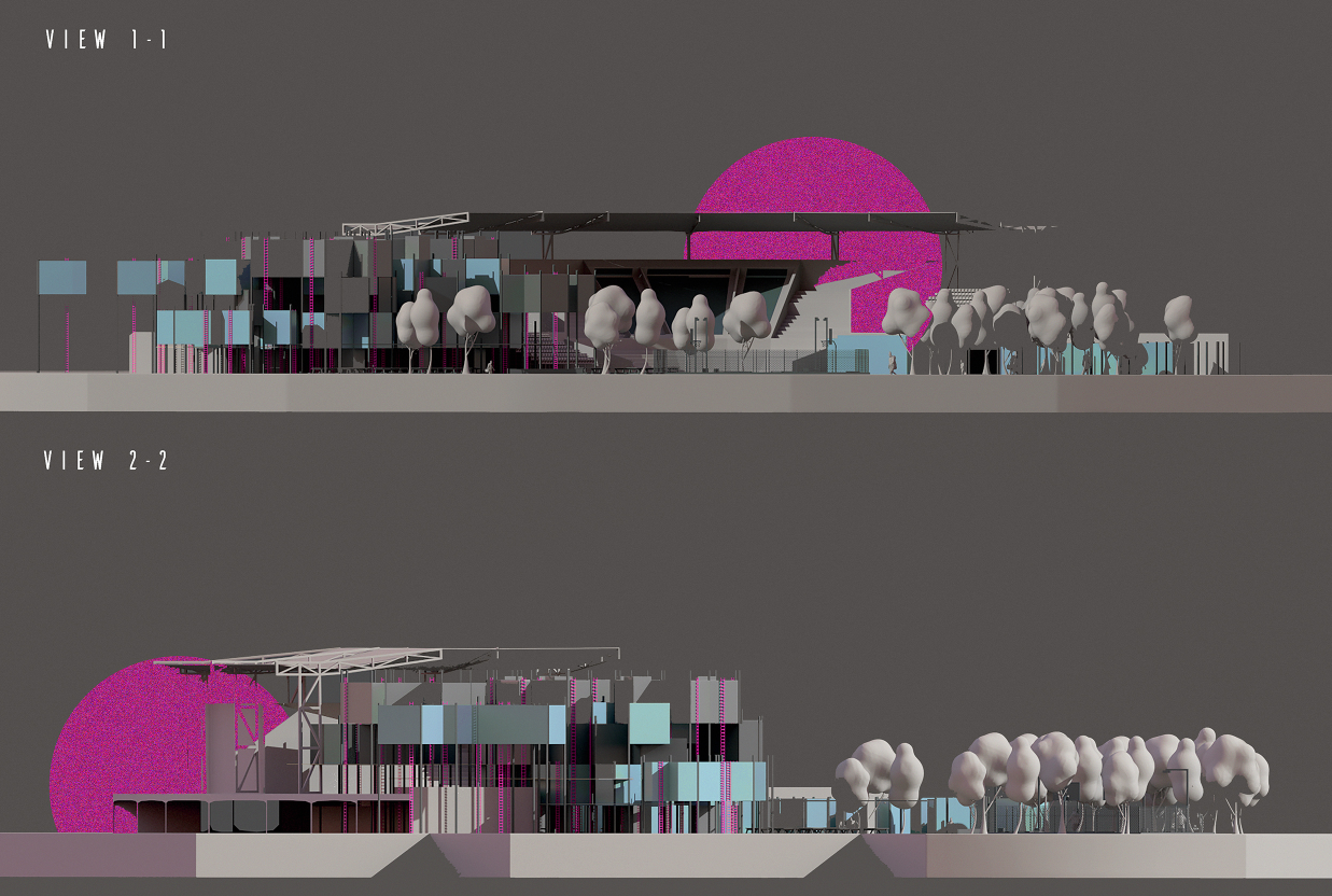 Elevation drawings showing the dome flanked by trees and scattered cubic volumes with exposed structure