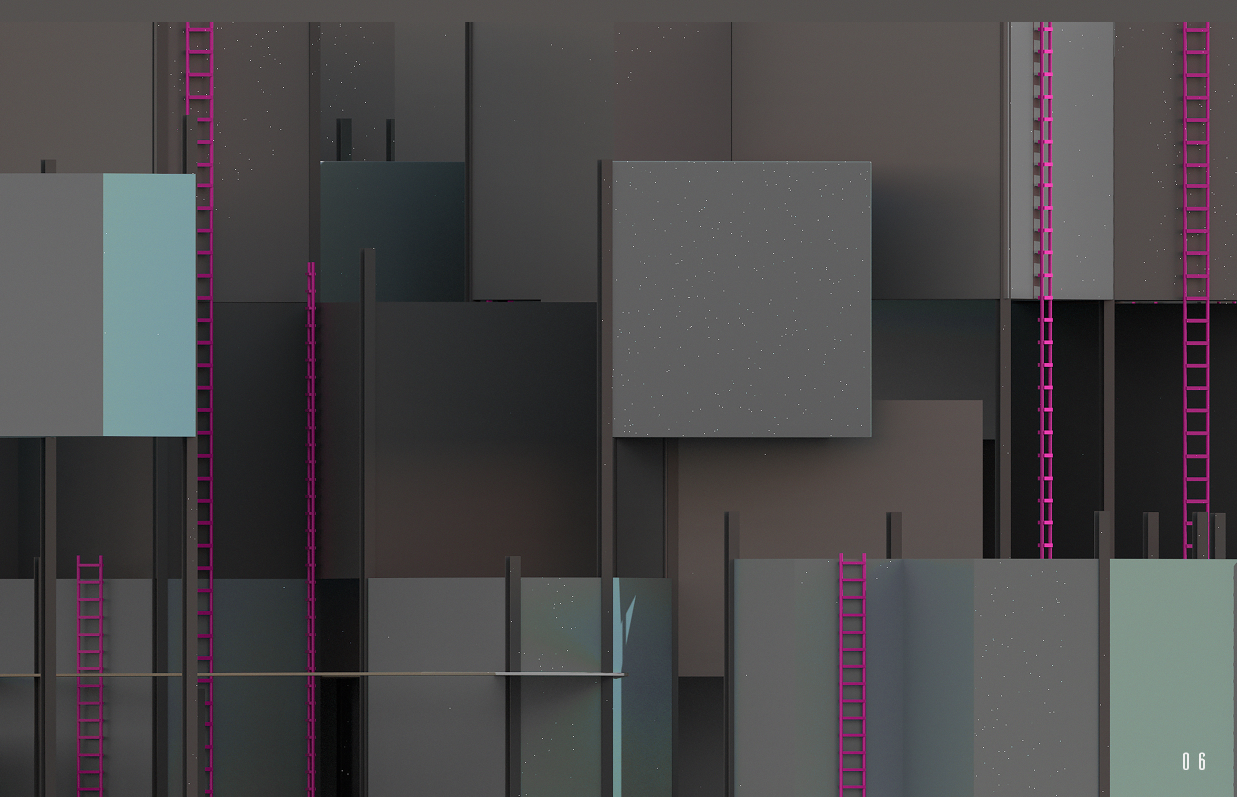 Close-up view of overlapping grey and turquoise panels with magenta ladder elements in vertical composition