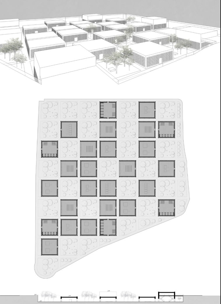 A grid of modular blocks integrated with landscaped voids creates a spatially balanced and expandable necropolis in the city.