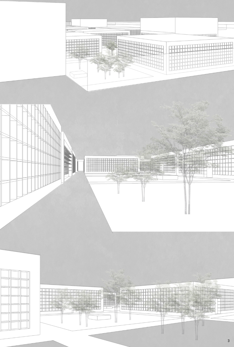 Transparent columbarium facades, shaded walkways, and urban-scale voids form a contemplative architectural environment.