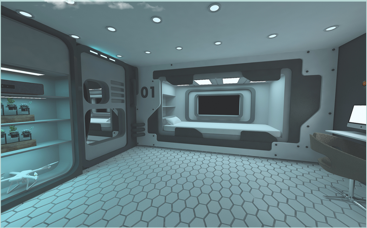 Sci-fi inspired astronaut living quarters designed for modular, efficient sleeping and working environments.