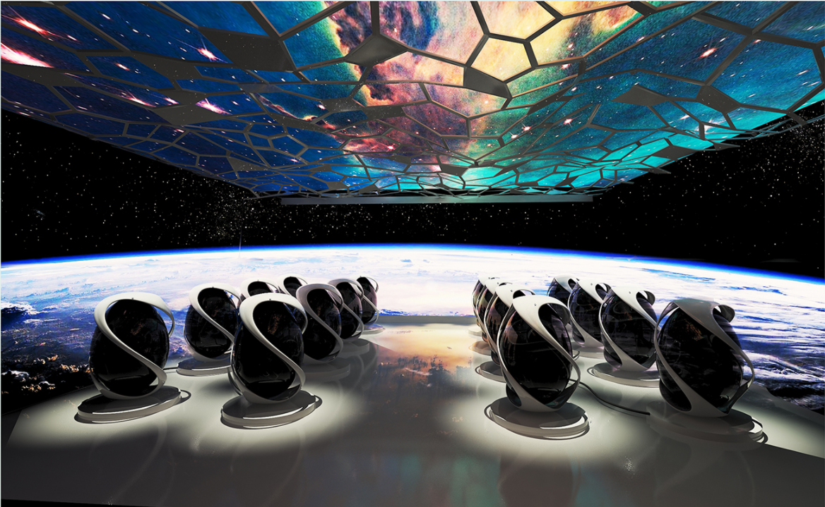 Virtual experience center with futuristic seating for immersive celestial projection and astronaut scenario training.