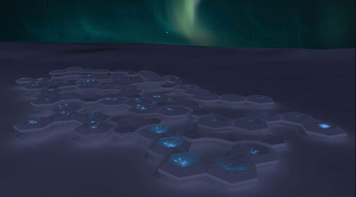 The Helicom settlement glows under the aurora, powered by renewable energy and designed for 24/7 livability.