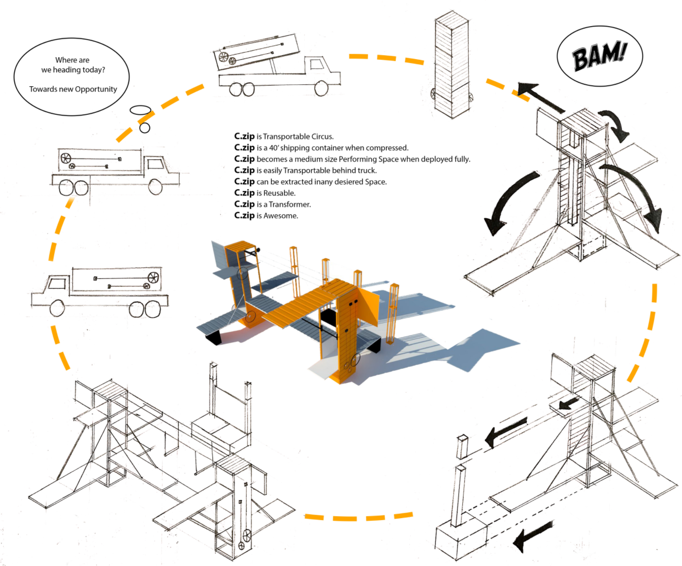 Visualizing the transformation of a shipping container into a fully functional performance platform.