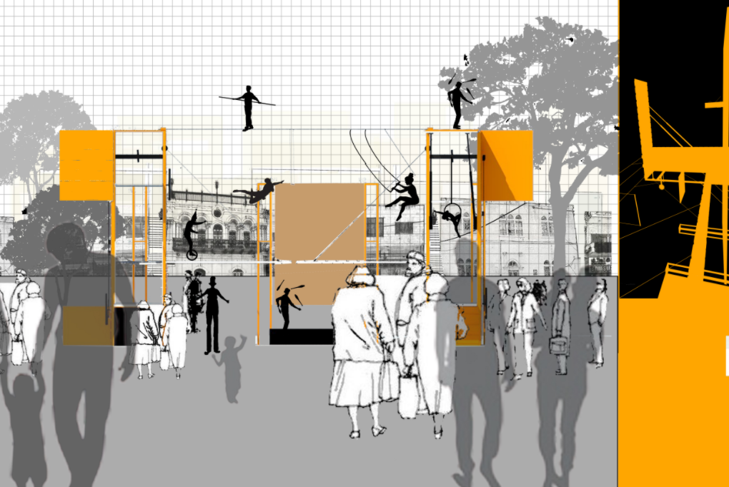 The structure unfolds into an interactive street-stage for local artists and public gathering.